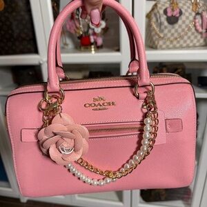 Coach Pink Rowan Satchel with Floral and Pearl Chain
